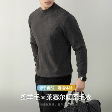 高檔綿羊毛萊賽爾半高領毛衣 男士針織衫 秋冬保暖 舒適打底衫 老錢風