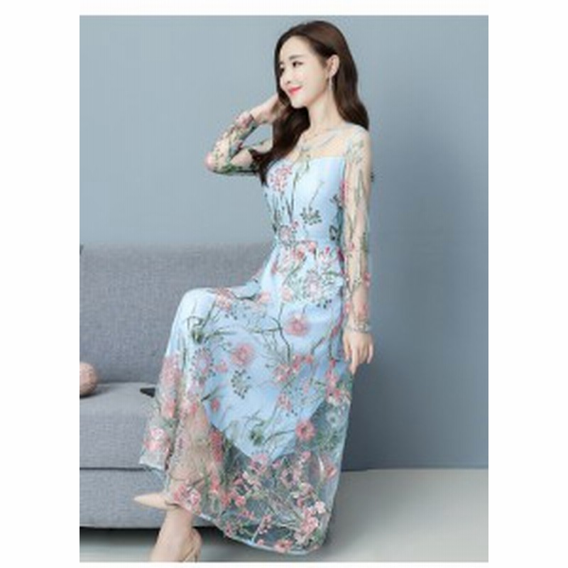 刺繍シースルーワンピース ワンピース ワンピドレス ロング ロング丈 袖あり 長袖 ラウンドネック フレア 切り替えデザイン 刺繍 チュー 通販 Lineポイント最大4 0 Get Lineショッピング