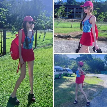 夏季必備🌞 時尚套裝女 2024春夏新款連體泳衣洋氣性感撞色藍色格子吊帶短裙