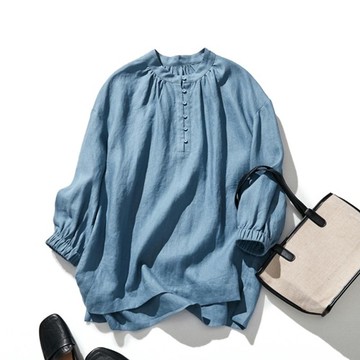 自然風亞麻長版上衣 寬鬆剪裁 休閒穿搭 透氣舒適 藍色 240311-5