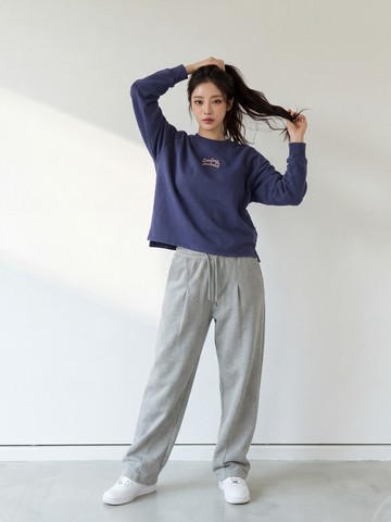 可頌刺繡落肩休閒長袖上衣(丈青 )-女