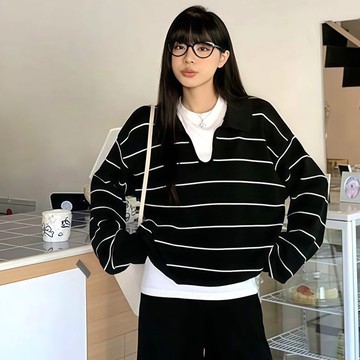 翻領保暖條紋寬鬆長袖針織上衣(預購)pn003106