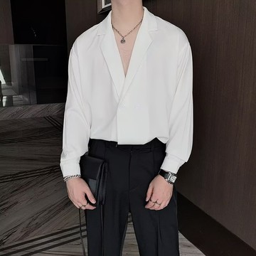 夏季西裝領襯衫男 薄款襯衣 韓版 潮流帥氣 純色 高級感 上衣 男 垂感上衣帥氣 長袖『癮品流行』