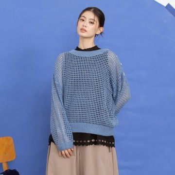 【MOSS CLUB】個性側肩釦飾鏤空網眼針織上衣 藍 杏 黃(魅力商品)