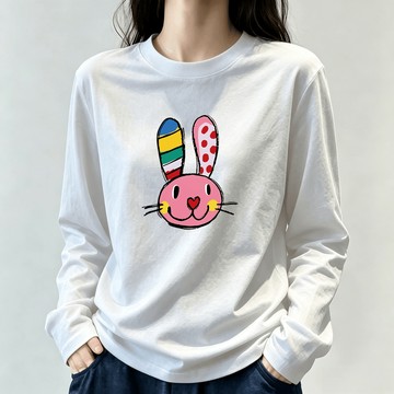 免運  [大耳兔兔] 女裝韓系纯棉長袖 寬鬆大學t長袖 oversize 長t shirt 薄長袖 寬版寬t 1549