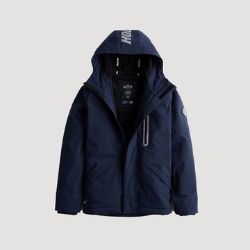 Hollister 經典鋪棉防風防潑水反光連帽風衣外套-深藍色