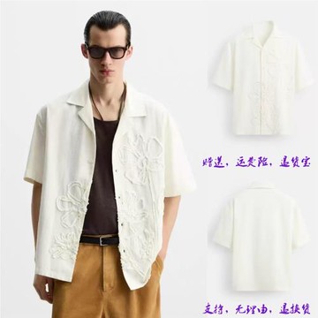2025夏季新品男裝寬松棉質貼布花朵刺繡休閑短袖襯衫 7200309 251