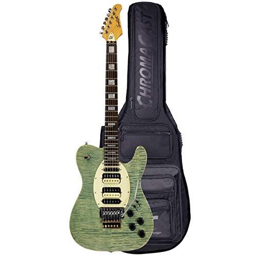 GoDpsMusic String Sawtooth ET Hybrid Electric Guitar with Floyd Rose, Flame Maple Grass Stained Blue Jean, with ChromaCast Pro Series Gig Bag,