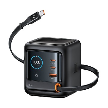 Freego系列桌面彩屏數顯自帶線快充充電器GaN 100W A+C CH139 美規 黑色