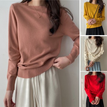 實拍韓版秋冬款彈力簡約打底顯瘦圓領長袖針織毛衣(13色)-凱西娃娃
