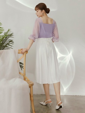 不易皺雙綁帶袋蓋造型打褶中長裙