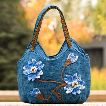 Sp house 藍染花藝立體棉麻編織女款手提包(2款可選)