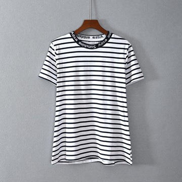 女裝短袖修身圓領青春文藝字母條紋印花針織T恤衫