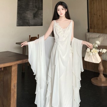 M-4XL 法式重工刺繡吊帶連身裙+防曬開衫兩件式套裝 大尺碼洋裝 夏天洋裝 度假洋裝 海邊洋裝 顯瘦洋裝