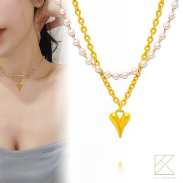 【TLH】珍珠項鍊黃金墜 純金999 月影星耀 復古雙層 約重0.09錢±0.01