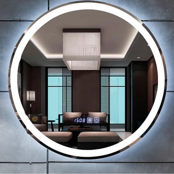 化妝鏡 60cm三色變光+時間溫度顯示 智能圓鏡 浴室鏡 led燈壁掛鏡 衛浴鏡帶燈觸摸屏防霧發光鏡