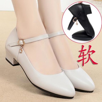 真皮軟底中跟空姐工作鞋女黑色皮鞋工裝鞋一字扣旗袍跳舞女鞋單鞋