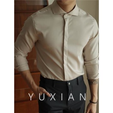 YUXIAN竹纖維溫莎領抗皺免燙男士長袖襯衫暗門襟純色彈力休閑商務