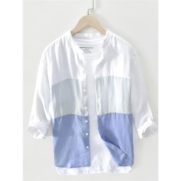 亞麻立領七分袖襯衫男夏季寬松撞色拼接設計感上衣潮棉麻拼色襯衣