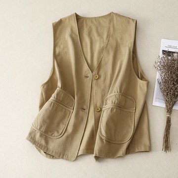 文藝寬松百搭馬甲2024夏季新款工裝風無袖坎肩上衣V領短款馬夾女