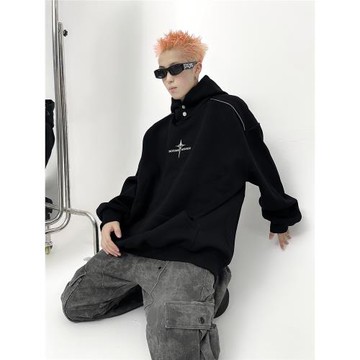 EAT 十字星標連帽衛衣男寬松潮牌加絨秋冬季純棉美式高街帽衫上衣