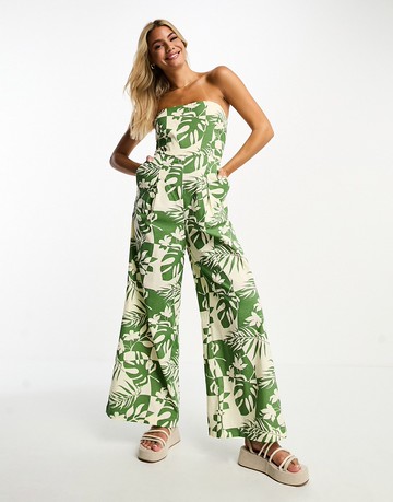 ASOS DESIGN bandeau linen look jumpsuit with detachable straps in green floral-Multi