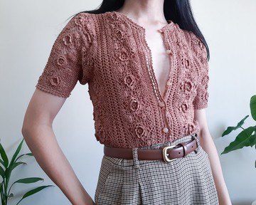 復古手工鉤編襯衫 3D立體花卉羈扣棕色棉質針織短袖