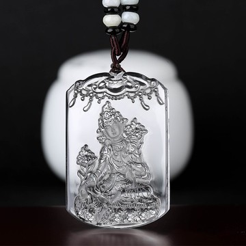 天然白水晶綠度母菩薩吊墜救度速勇母救八難度母男女款隨身項鏈墜