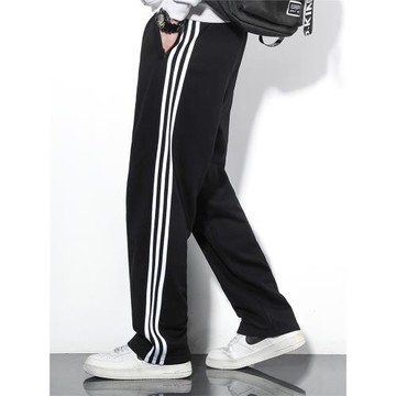 秋冬季加絨加厚運動褲男長褲校服三條杠直筒寬松休閑褲青少年褲子