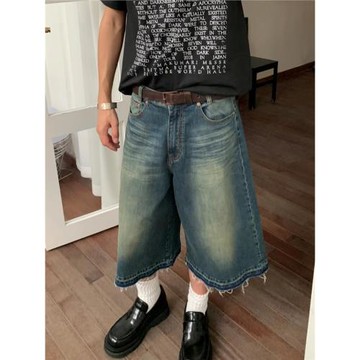 Start 美式高街復古牛仔七分褲男夏季寬松闊腿中褲設計感毛邊短褲