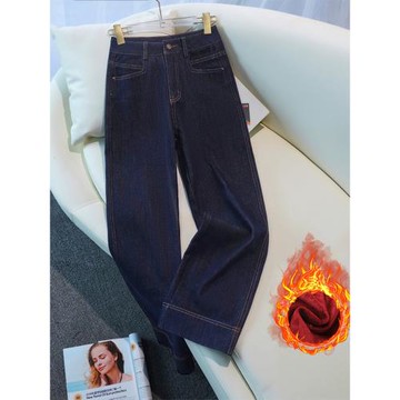 今年流行闊腿牛仔褲女秋冬2025新款高腰顯瘦丹寧藍加絨加厚直筒褲