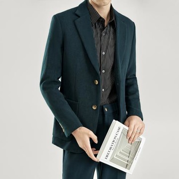 韓系單排雙扣休閑西裝男套裝針織坑條修身高定秋冬男士西服兩件套