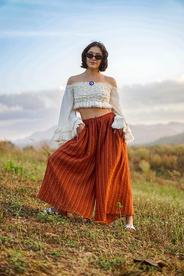 橙色褲子，女亞麻褲，亞麻棉褲，女條紋褲，橙色