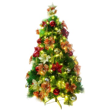摩達客 10尺300cm特級綠松針葉聖誕樹+聖誕花蝴蝶結配件+100燈LED燈暖白光6串