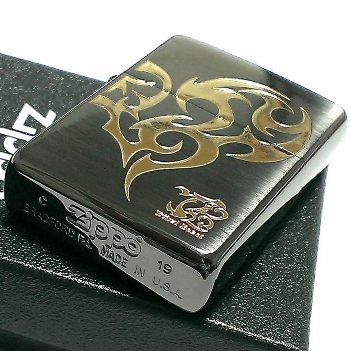 ZIPPO ライター トライバルハート ジッポ かっこいい ブラックニッケルサテン ゴールド メンズ レディース