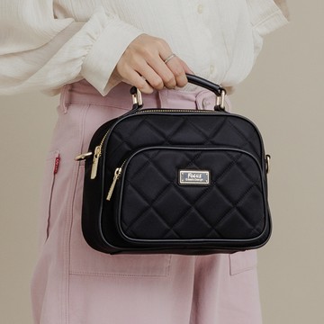 FOCUS菱格輕量防潑水真皮拼接尼龍包/手提/斜背/保齡球包-【共3色F7660】