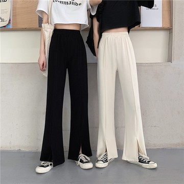 La Belleza素色鬆緊腰中間壓線垂墬感褲管開叉闊腿褲