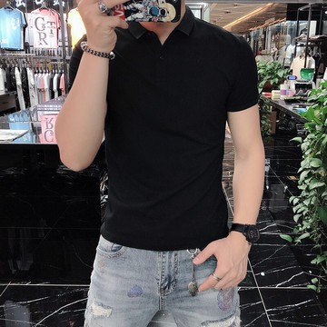 夏季高端純棉新款修身黑色polo衫男士刺繡翻領短袖t恤休閑有領裝