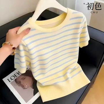 初色 韓系圓領短袖撞色條紋短款薄款修身顯瘦針織T恤上衣女上衣-黃色-50945(F可選)