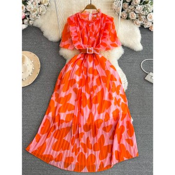 高級感輕奢氣質短袖立領荷葉邊收腰顯瘦a字印花連衣裙優雅長裙子