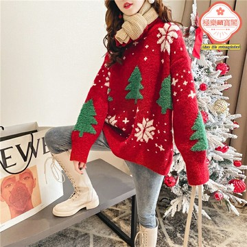 【慵懶ins風】聖誕毛衣 女式毛衣 寬鬆毛衣 套頭毛衣 針織衫 打底衫 加厚保暖 紅色聖誕 2024秋冬新款 節日約會穿搭