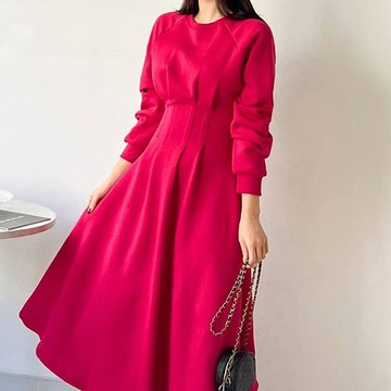 ANNAS 正韓 洋裝 刷毛 腰身 縮腰 打折 長袖 長裙 長洋裝 連身裙 顯瘦 棉質 素面 女神 氣質 保暖 刷絨 韓國