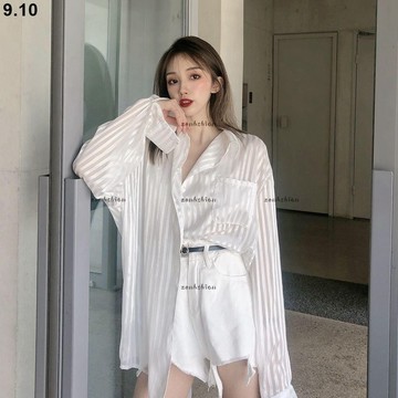 優質長袖✨韓版人手必備白色法式襯衫女長袖條紋設計感小眾寬鬆 百搭亮絲防晒襯衫薄外套夏 百搭開衫 溫柔風襯衫