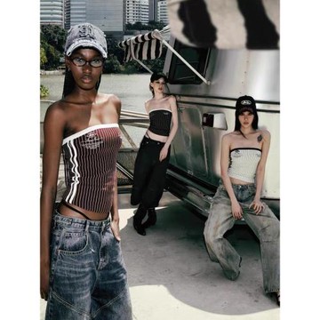 Badblood美式復古辣妹刺繡條紋抹胸吊帶背心女夏季新款緊身上衣