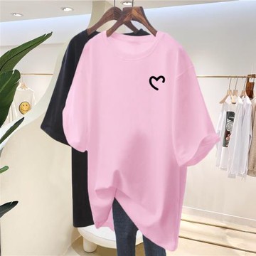 潮牌大版粉色短袖t恤女寬松夏2025年新款歐貨愛心中長款棉質上衣