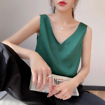 [巴黎精品] 現貨+預購 頂級法式絲質背心緞面上衣名媛絲綢襯衫冰絲涼感天絲tT恤V領內搭打底簡約女上衣8色a1be11