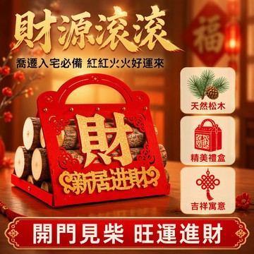柴火擺件 喬遷新居進宅儀式 仿木紋圓柱堆疊 財字紅禮盒 吉祥話貼紙 2026 開門見柴