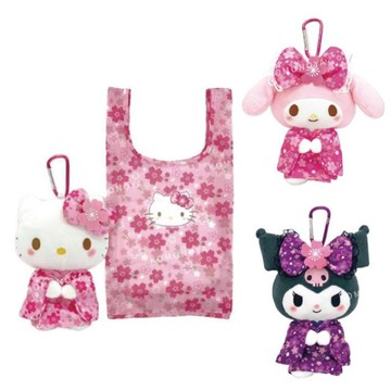 小禮堂 Sanrio 三麗鷗 絨布玩偶環保購物袋 (櫻花和服款) Kitty 美樂蒂 酷洛米