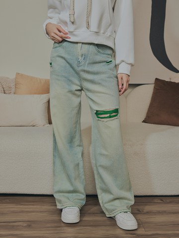 拼布水洗牛仔長褲-綠色