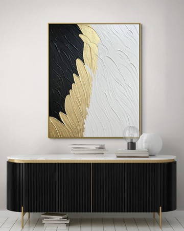 畫布上大型抽象油畫，白色紋理和金色原漆